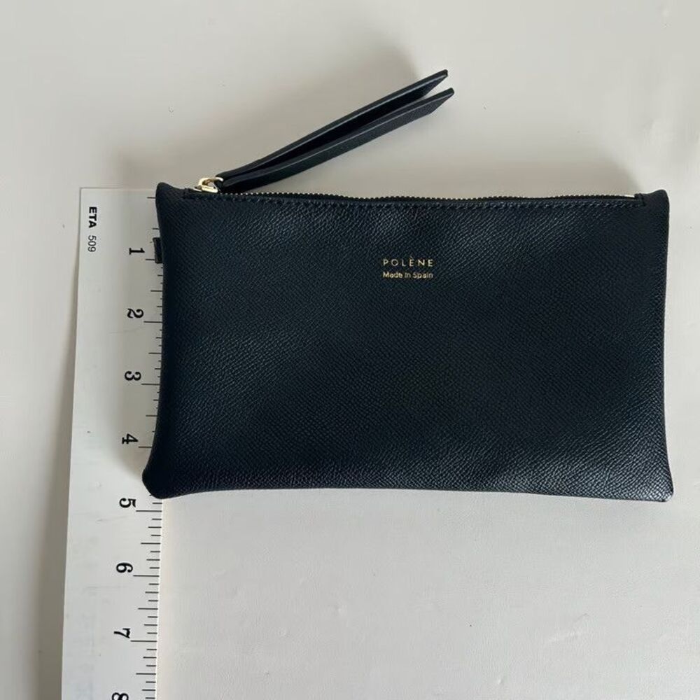 Polène Paris Wristlet Pouch Black Textured Leather Clutch Gold Hardware Women